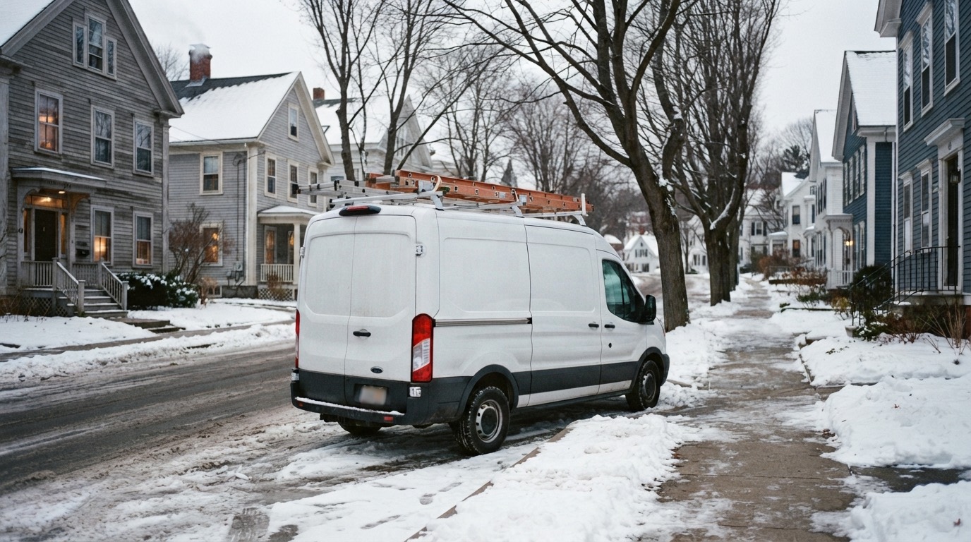 White cargo van carrying roof-rack ladders at the curb of a snowy New England street