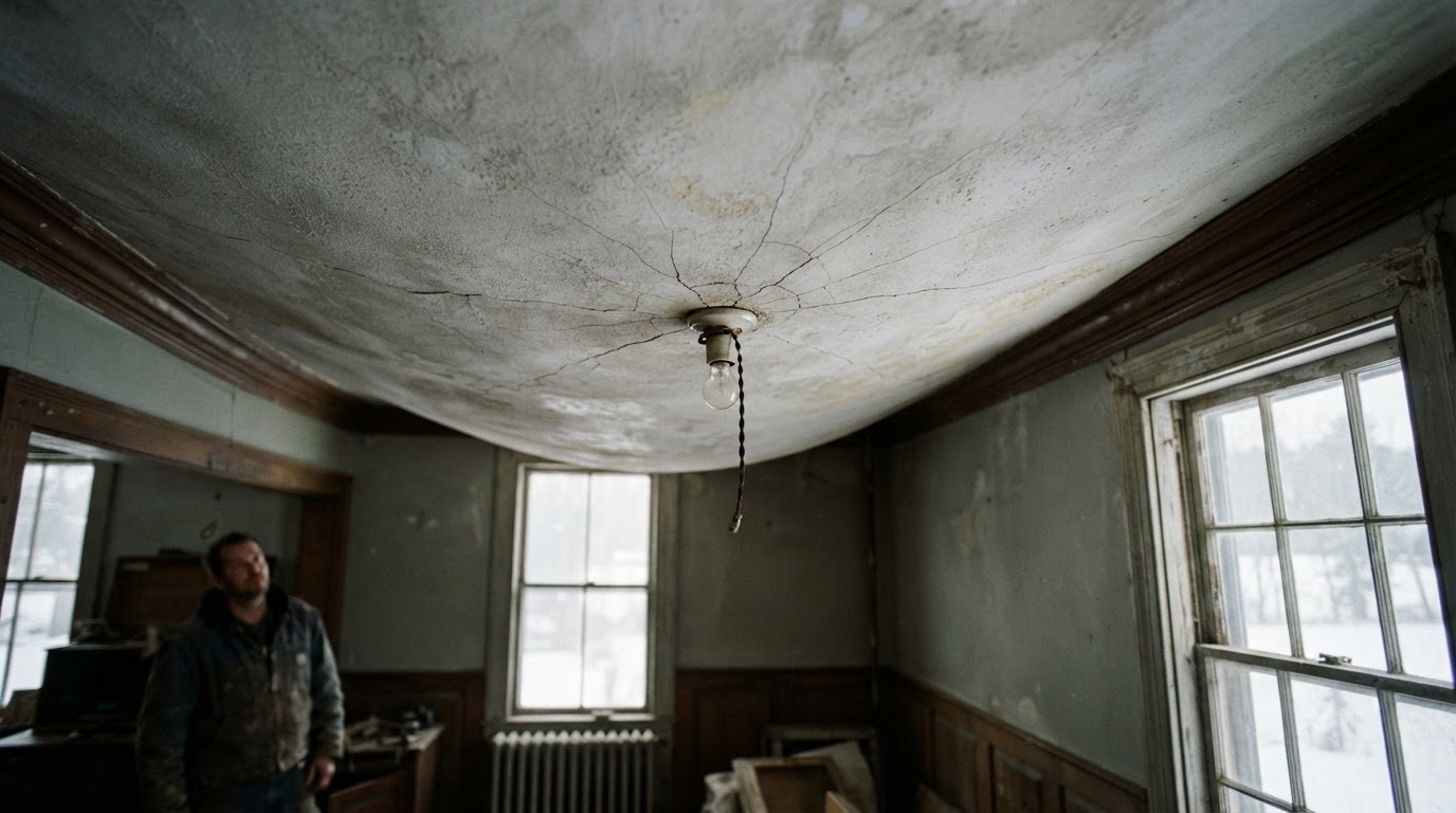Bowed plaster ceiling pulling away in a shallow curve with hairline cracks radiating from the low point