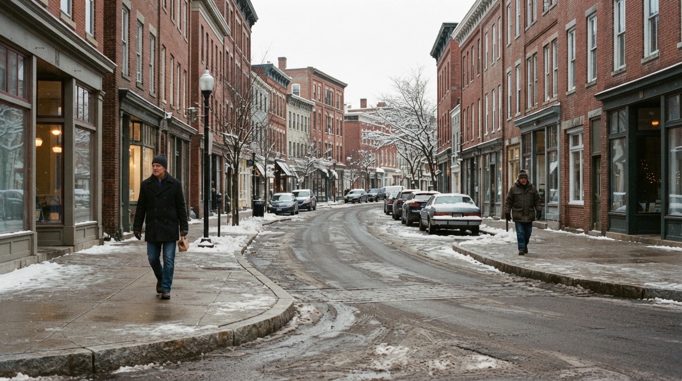 New England capital city main street lined with brick storefronts and granite curbing