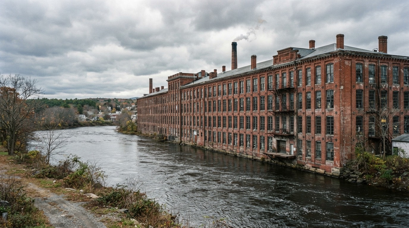 Long brick textile mill building with rows of tall windows beside a river under overcast light