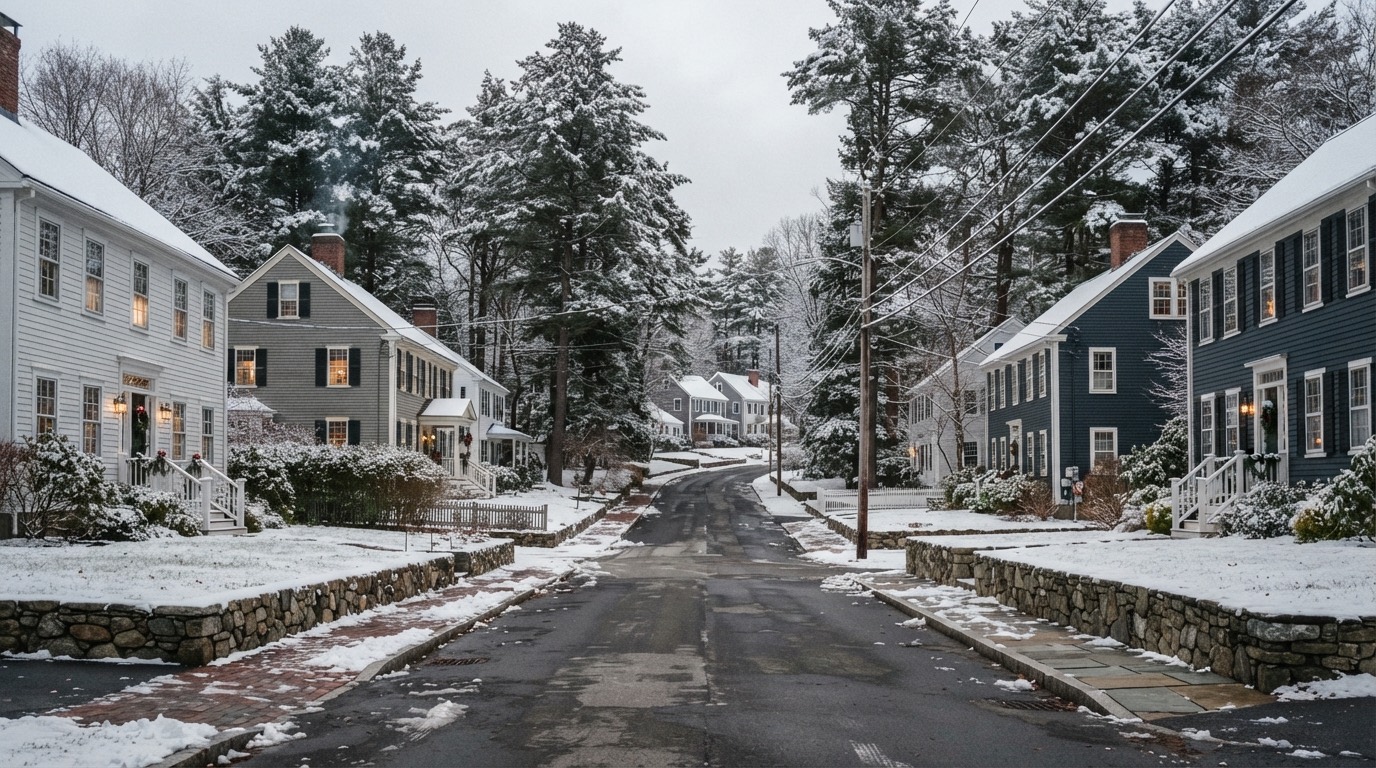Wooded New Hampshire road with 1960s ranch and colonial homes set back among pines