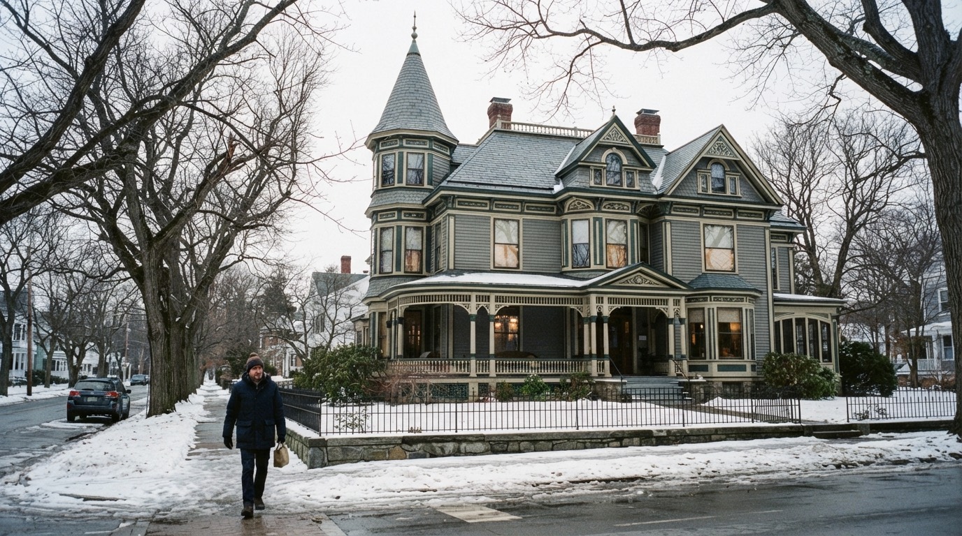 Victorian house with a turret and painted trim on a tree-lined New England street in winter