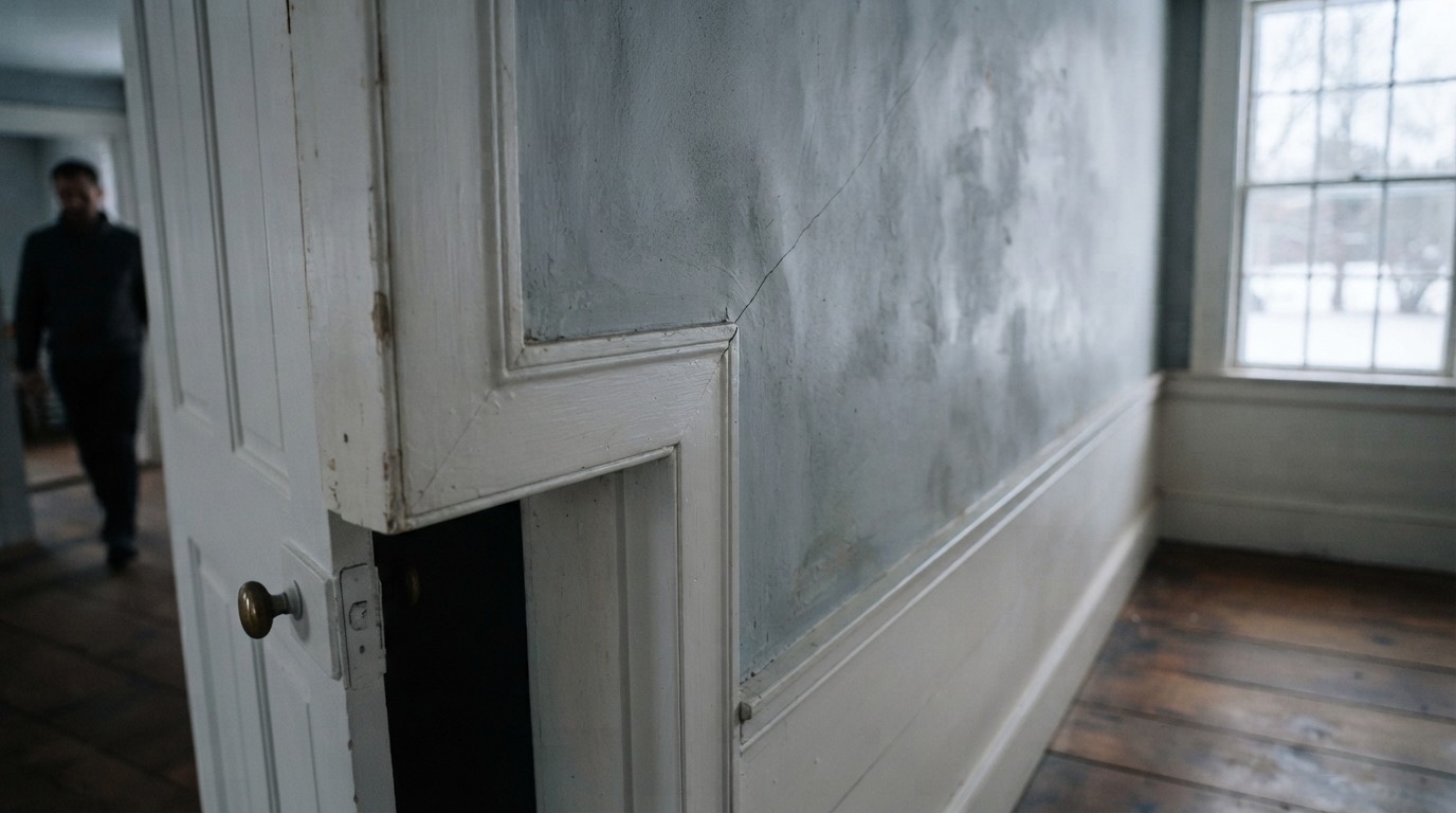 Hairline crack running diagonally up from the top corner of a painted door frame in an old house