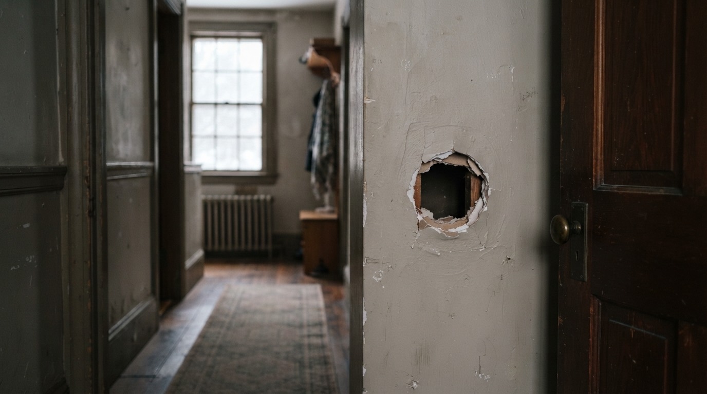 Round doorknob-sized hole punched through painted drywall in the hallway of an older home