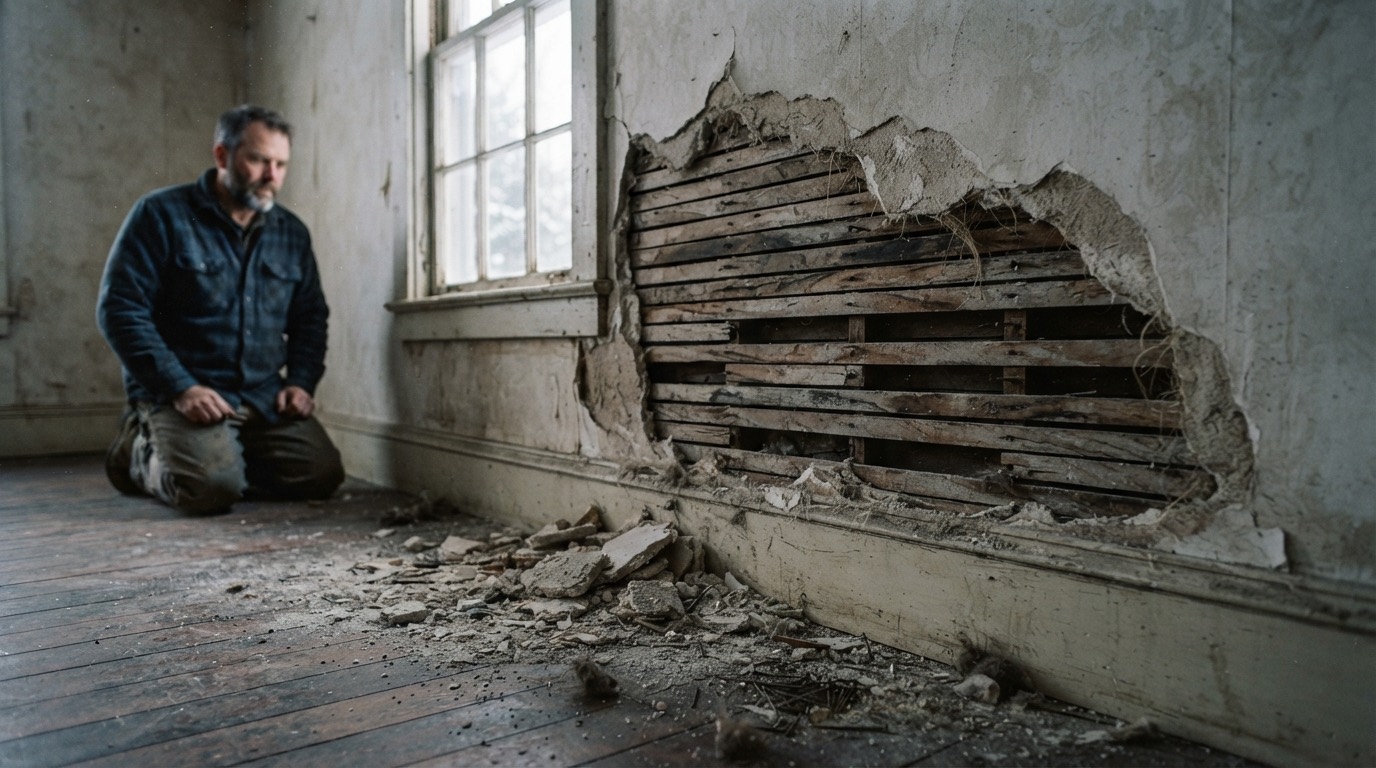 Crumbling horsehair plaster fallen away from wood lath strips on an interior wall of a century-old house
