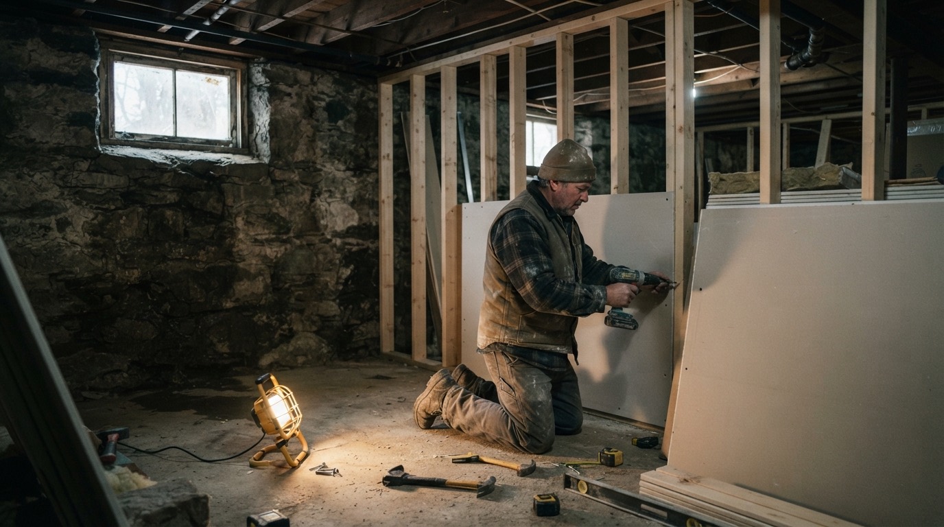 New England basement with fieldstone foundation walls and newer framing, drywall sheets leaning against them