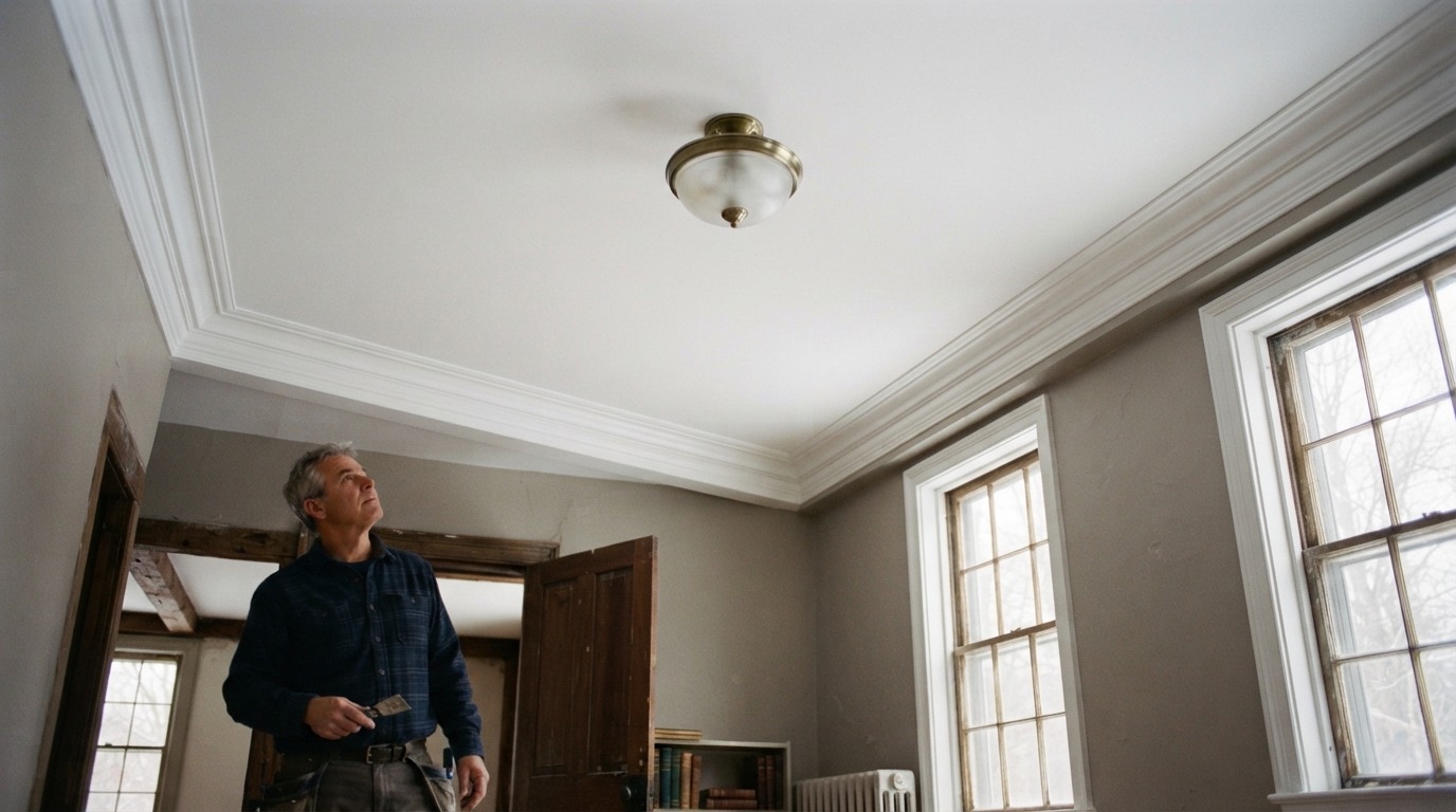 Freshly finished smooth white ceiling with crisp crown molding in an old New England house