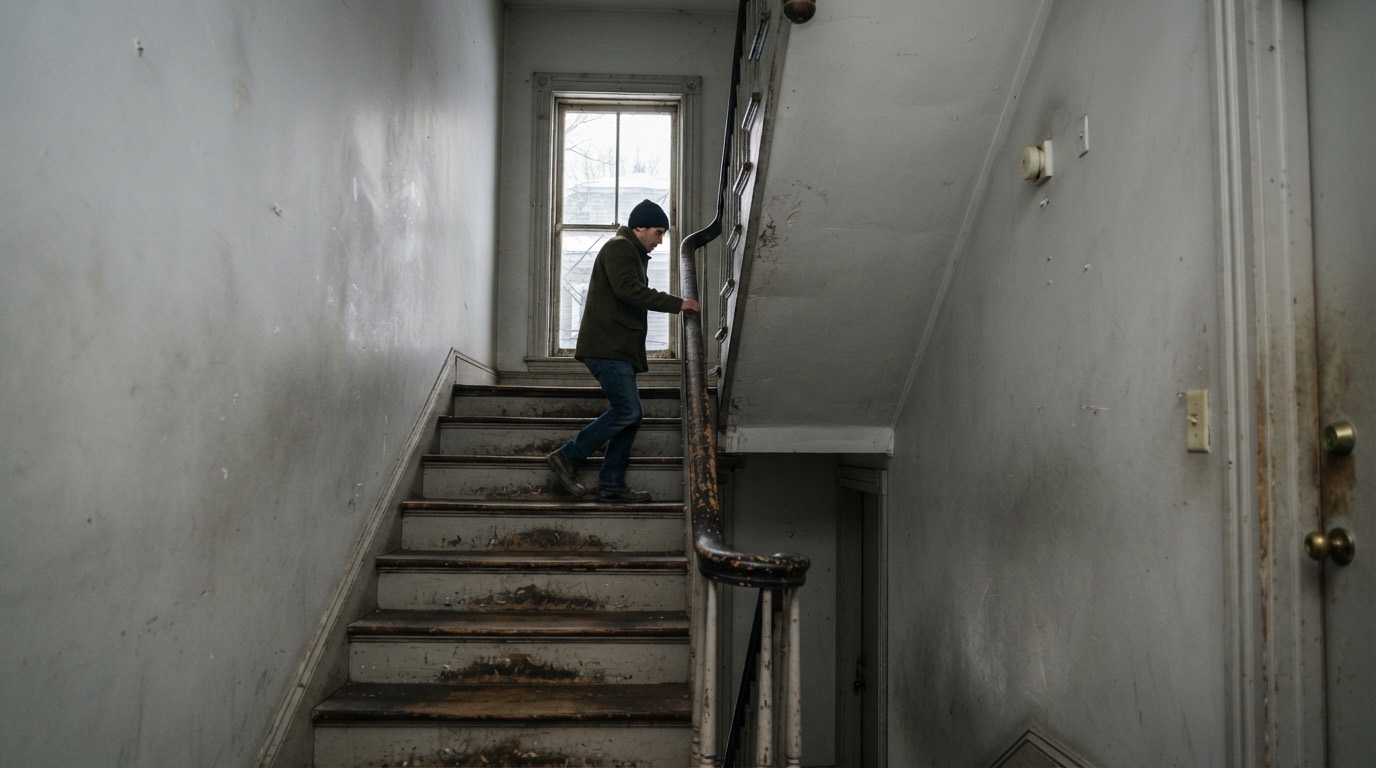 Tall narrow stairwell in a triple-decker with scuffed painted walls and a worn wooden banister